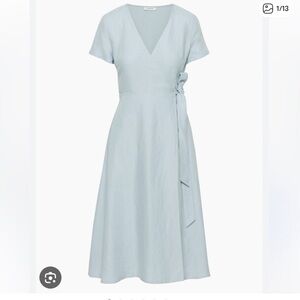 Aritzia Linen Wrap Midi Dress in Pale Blue